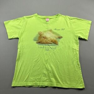 LAT T Shirt Womens Large Lime Green Kitten I Don't Do Mornings Graphic Cotton